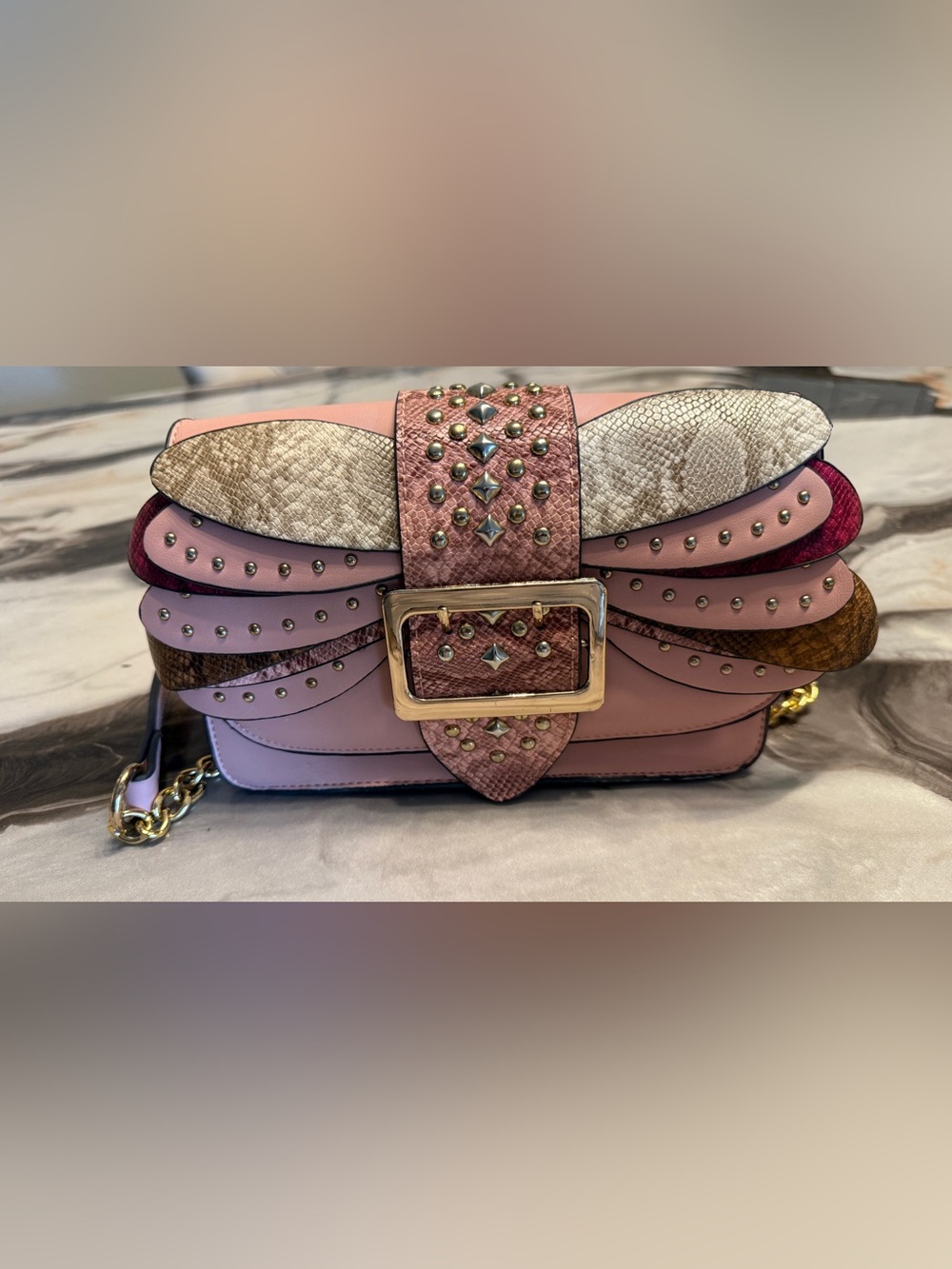 Designer-Style Pink Studded Shoulder Bag with Gold Buckle